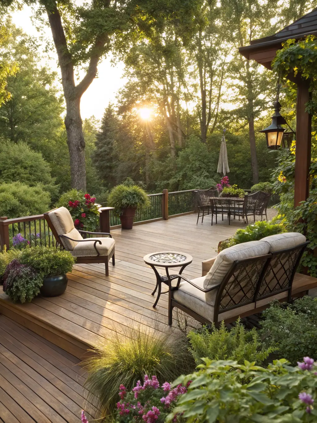 A vibrant image of a clean wooden deck with outdoor furniture after service.