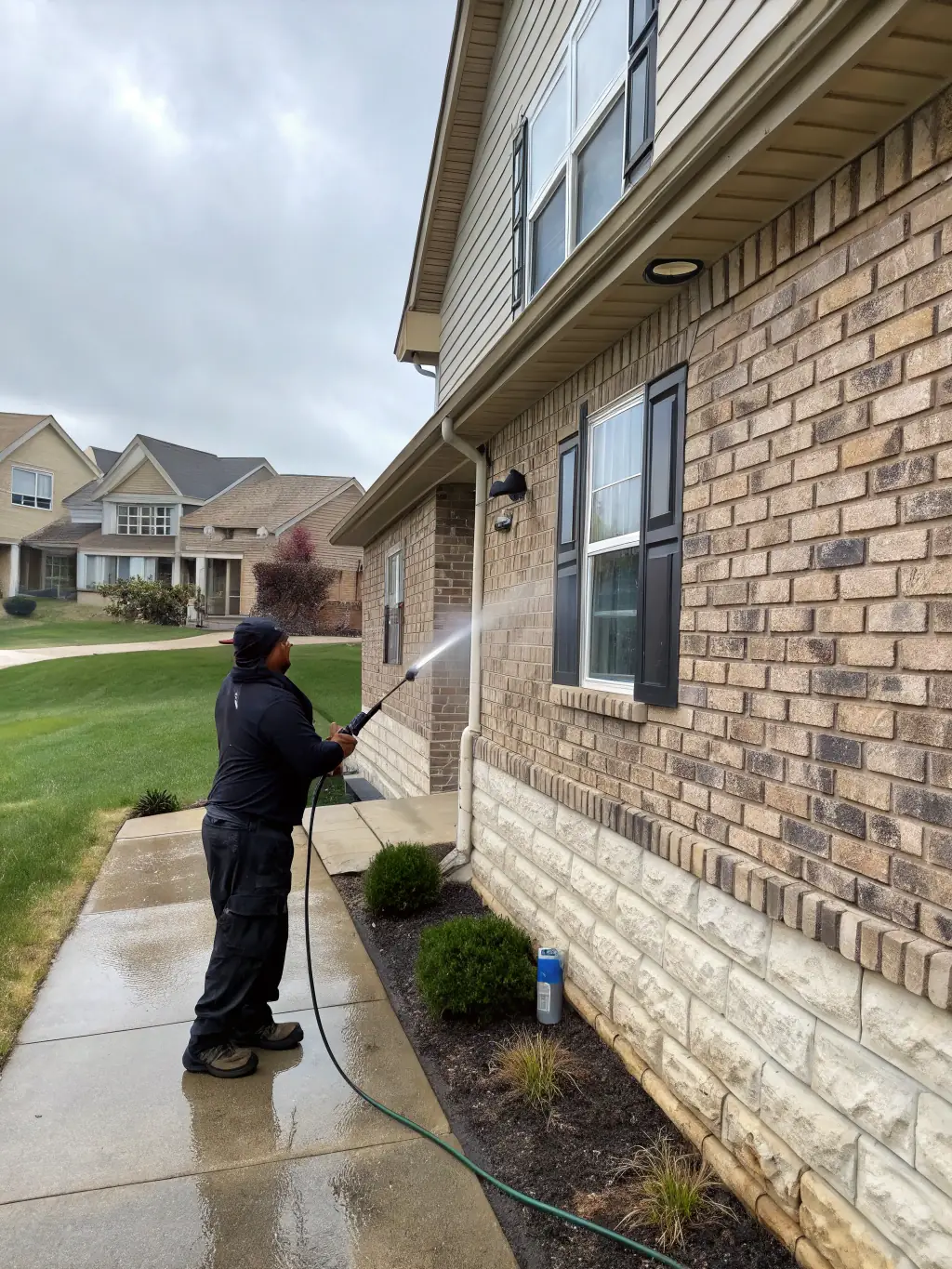 A close-up shot of a brick wall being pressure washed, showing the dirt and grime being removed.