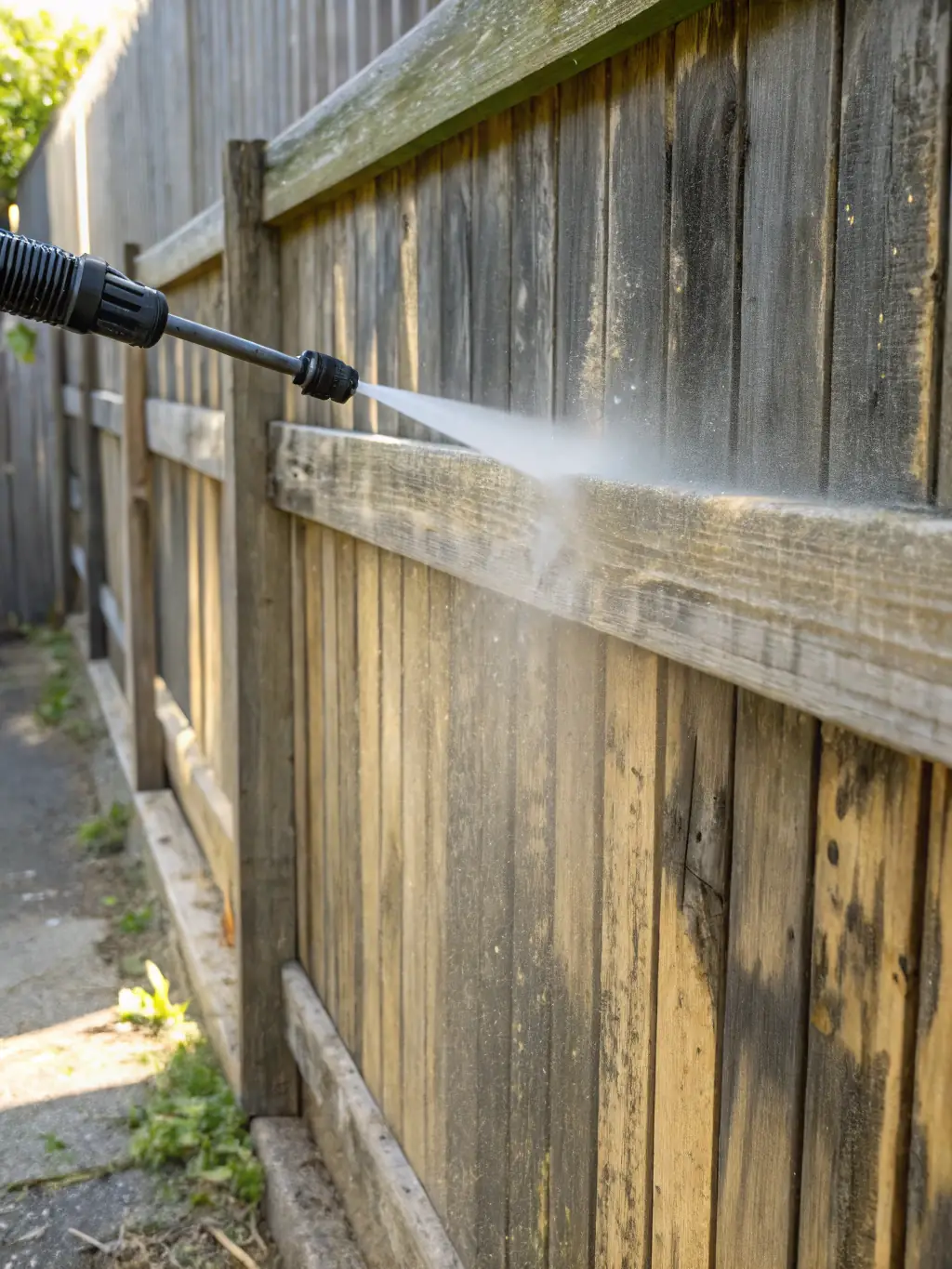 A close-up of a fence being pressure washed, highlighting the removal of mildew and weathering, showcasing the restored beauty and longevity of the fence.