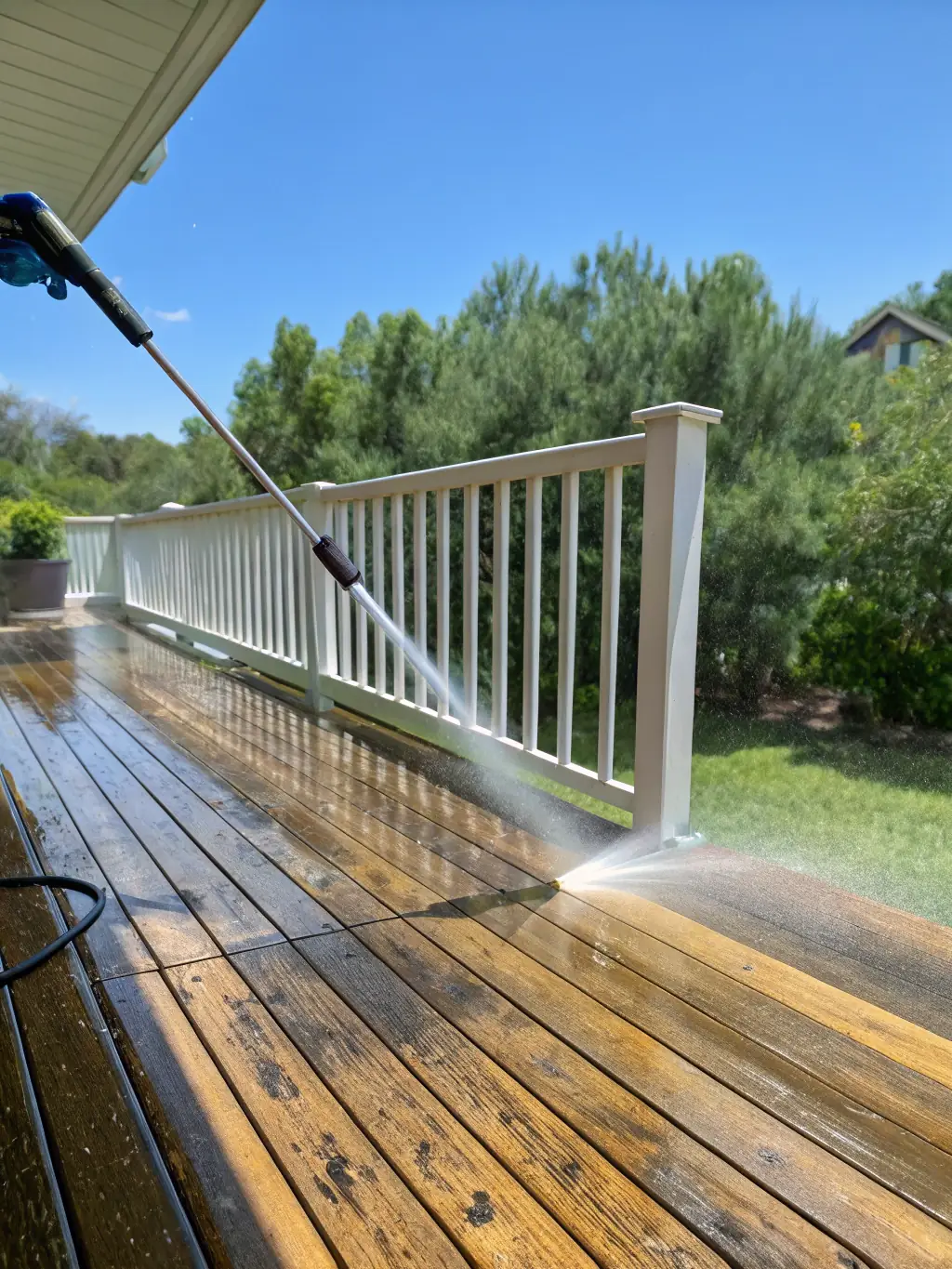A wooden deck being cleaned with a pressure washer, showing the removal of dirt, moss, and stains, emphasizing the transformation of the outdoor space.